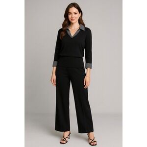 Fred David‎ Top Womens L Black V Neck Collared Geometric Stretch Career Academia